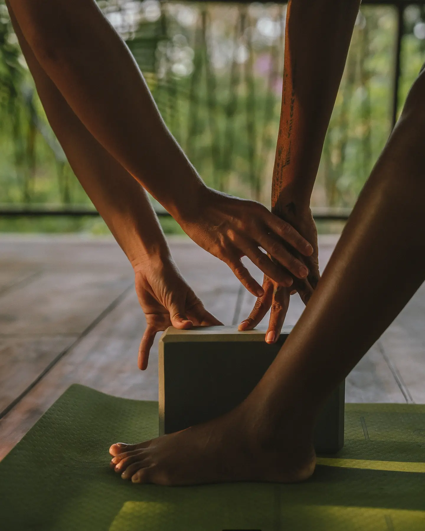 Detalle de una práctica de yoga en raíz