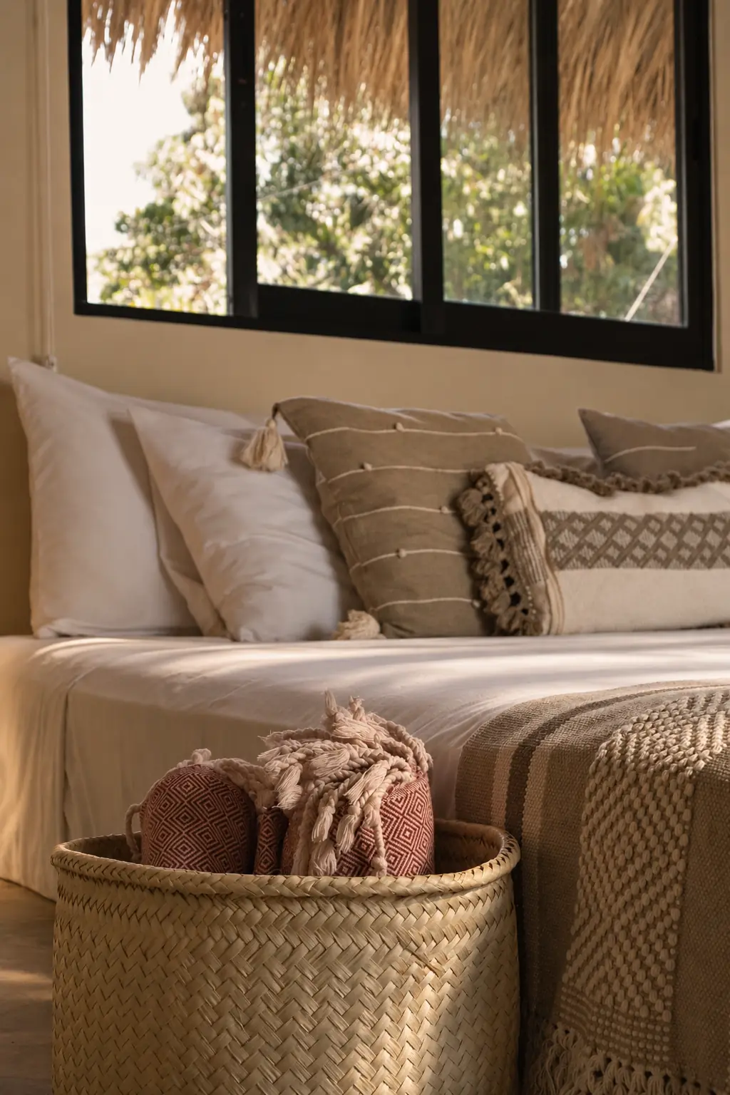 Textiles artesanales en la cama del Bungalow Deluxe