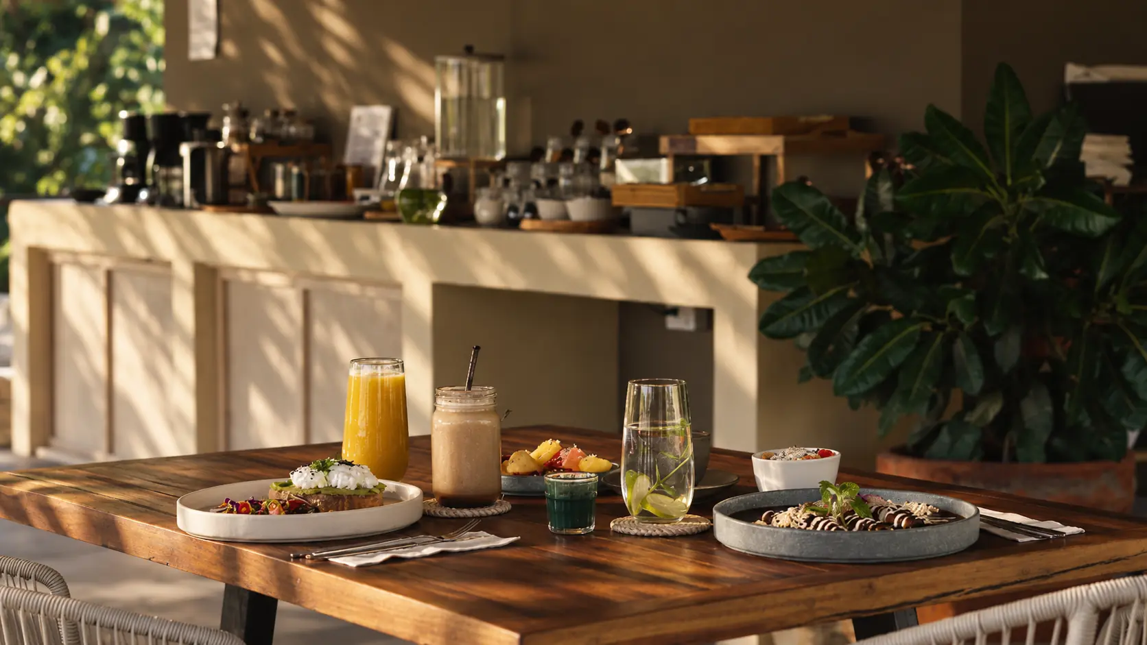 Mesa de desayuno servida en raíz